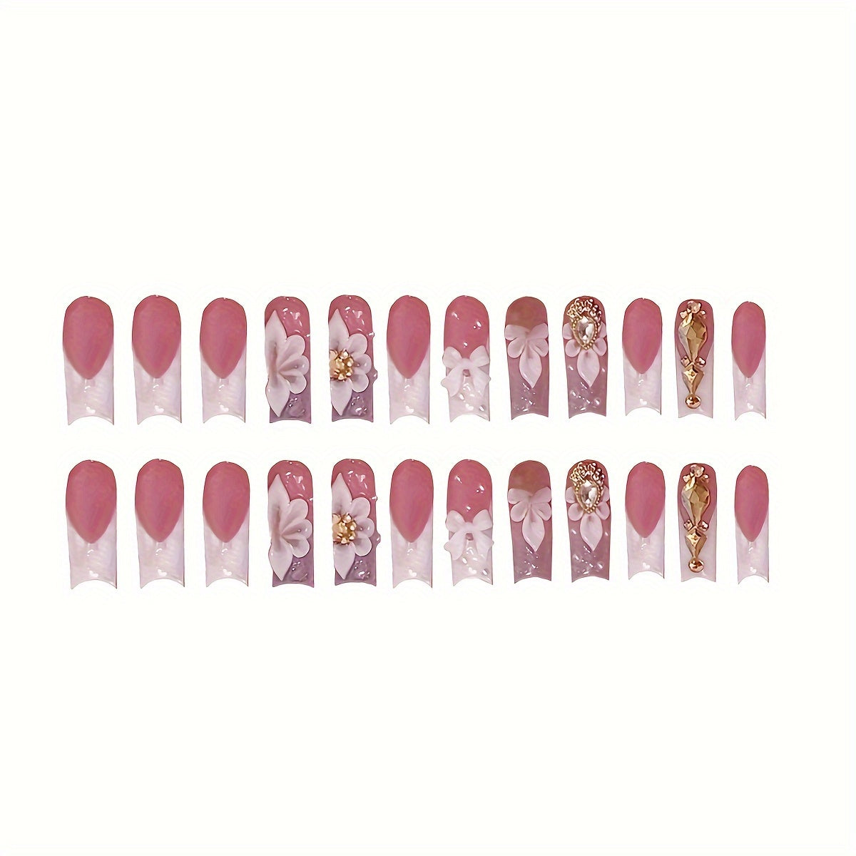 48pcs set of square-shaped press-on nails with French flower and diamond design, comes with jelly glue and rolling rod, suitable for all women, to make your fingertips more charming with daily wear